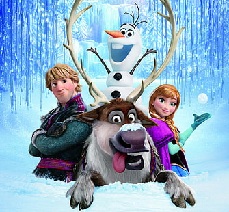Обои Disney Frozen, снег, снежинки, лед, олень, снеговик, Frozen, принцесса, королевство, Анна, Уолт Дисней, анимация, 2013, Холодное сердце, Олаф, Кристофф, ледяной замок, Аренделл, Арундел, Свен, HD обои HD wallpaper