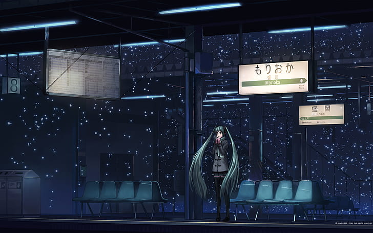 Hatsune Miku อนิเมะ Vocaloid หิมะสาวการ์ตูนสถานีรถไฟผมยาว, วอลล์เปเปอร์ HD