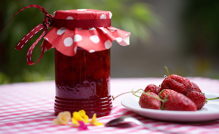still life, jars, strawberries, HD wallpaper
