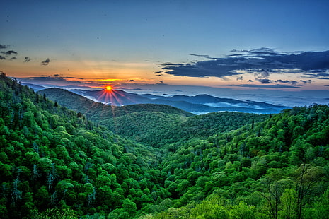Berge, Berg, Erde, Wald, Grün, Sonne, Sonnenaufgang, Sonnenuntergang, Baum, HD-Hintergrundbild HD wallpaper
