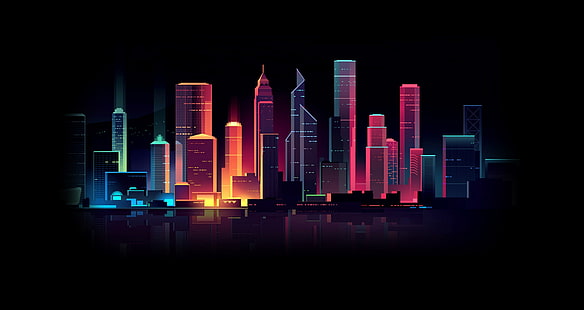 neon, digital art, simple background, black background, cityscape, skyline, Romain Trystram, city, HD wallpaper HD wallpaper