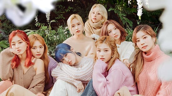 группа женщин, женщины, азиатка, длинные волосы, крашеные волосы, Twice, модель, певица, K-pop, свитер, HD обои HD wallpaper