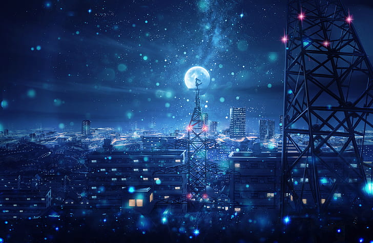 アニメ オリジナル 都市 女の子 光 月 夜 空 降雪 東京タワー Hdデスクトップの壁紙 Wallpaperbetter