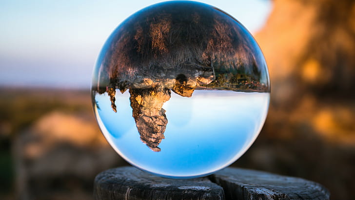 glass, Germany, wood, clear sky, sphere, trees, upside down, reflection, rock, landscape, Königstein, trunks, mountains, nature, depth of field, HD wallpaper