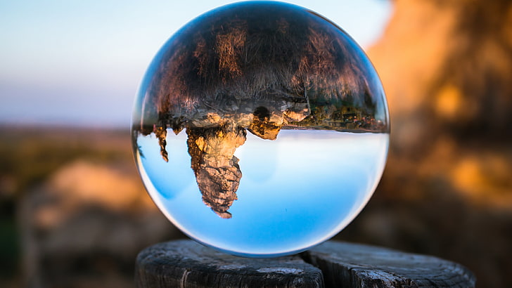 round ornament, nature, landscape, trunks, wood, sphere, glass, reflection, mountains, rock, upside down, trees, depth of field, clear sky, Königstein, Germany, HD wallpaper