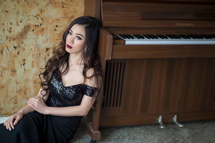 Asian, Kleid, schwarzes Kleid, Frauen, Klavier, HD-Hintergrundbild