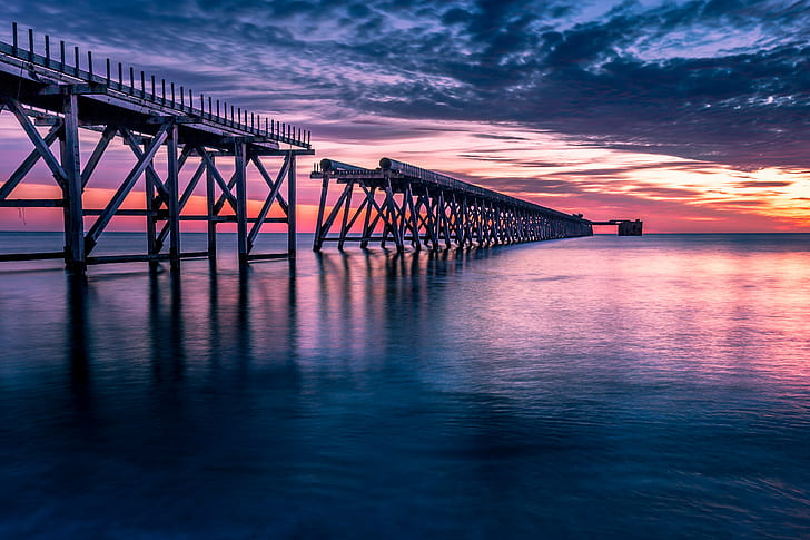 vista sul mare durante il tramonto, Steetley, Pier, Sunrise, vista, mare, tramonto, Canon 6D, Canon EF, 35mm, F4, Inghilterra, HDR, Acqua, Regno Unito, spiaggia, natura, tramonto, ponte - Struttura creata dall'uomo, Sfondo HD