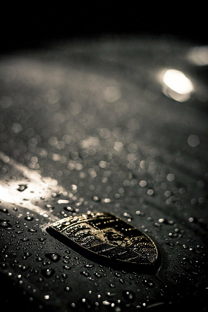 focus photo of Porsche logo, Porsche, focus, photo, logo, München, Munich, Street, Night, Nacht, Straße, available  light, drop, shiny, close-up, macro, backgrounds, wet, rain, HD wallpaper