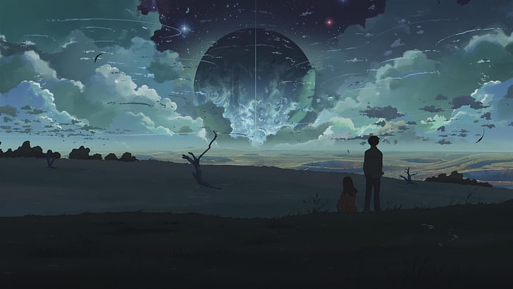 silhouette of two kids digital wallpaper, silhoutte of a boy and girl, anime, 5 Centimeters Per Second, surreal, field, night, clouds, Makoto Shinkai, HD wallpaper