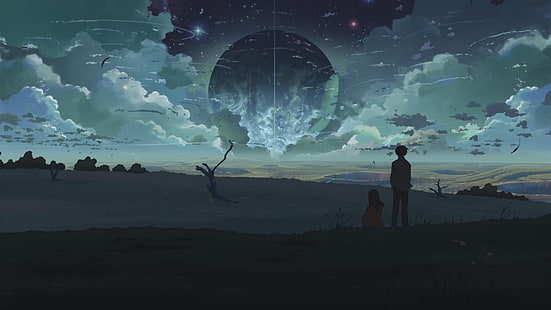 silhouette di due bambini sfondo digitale, silhoutte di un ragazzo e una ragazza, anime, 5 centimetri al secondo, surreale, campo, notte, nuvole, Makoto Shinkai, Sfondo HD HD wallpaper