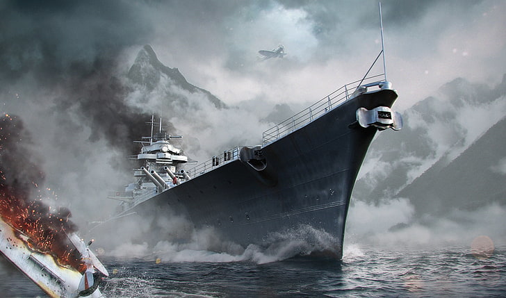 ilustración de acorazado, agua, mar, montañas, niebla, ola, barco, acorazado, Bismarck, Wargaming Net, WoWS, World of Warships, The World Of Ships, Fondo de pantalla HD
