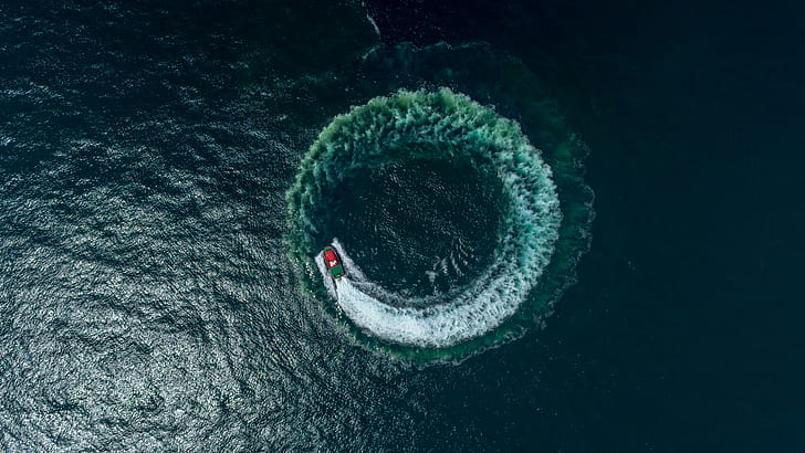 boat, ocean, vehicle, speedboat, wave, water, salt water, circle, donut, motorboat, aerial photography, drone view, top-down perspective, HD wallpaper