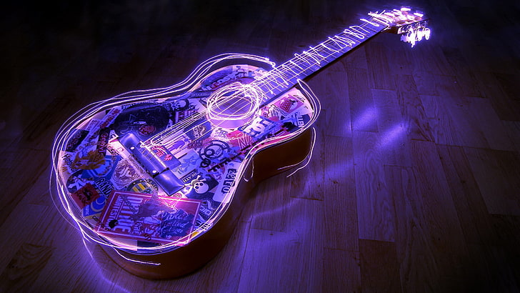 白と青の木製ドレッドノートアコースティックギター、ギター、音楽、長時間露光、楽器、 HDデスクトップの壁紙