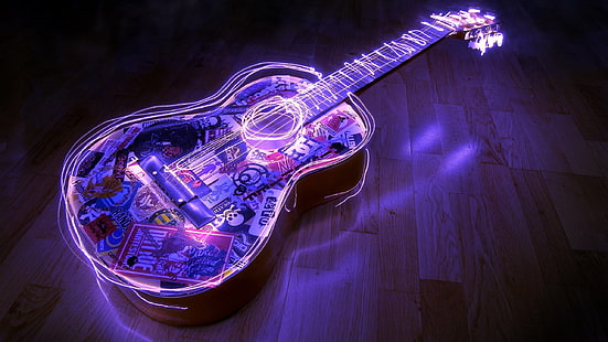 white and blue wooden dreadnought acoustic guitar, guitar, music, long exposure, musical instrument, HD wallpaper HD wallpaper