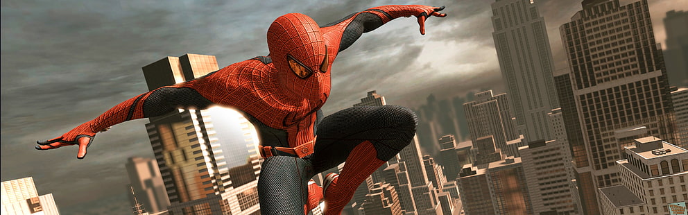 Marvel Spider-Man, Amazing Spider-Man, videojuegos, ciudad, Manhattan, monitores duales, pantalla múltiple, Nueva York, superhéroe, Marvel Comics, Fondo de pantalla HD HD wallpaper