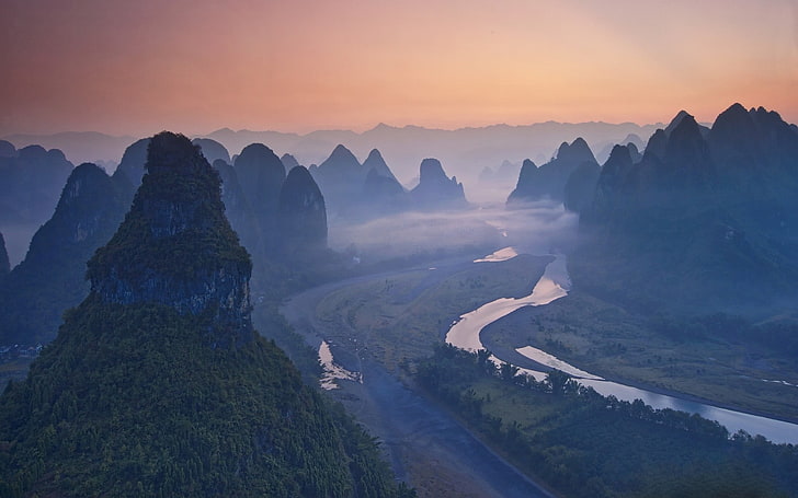 горы, природа, пейзаж, река, туман, Китай, горы, лес, HD обои