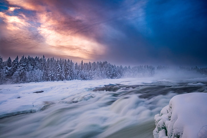 kış, orman, gökyüzü, kar, nehir, İsveç, eşikler, Pite Nehri, Norrbotten İlçesi, River Pitealven, Norrbotten, Storforsen Rapids Rapids, HD masaüstü duvar kağıdı