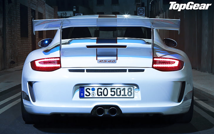white sports car with topgear text overlay, white, 911, 997, lights, supercar, spoiler, Porsche, rear view, top gear, wing, GT3, the best TV show and magazine, RS 4.0, HD wallpaper