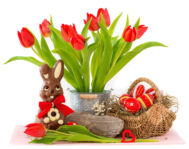 eggs, Easter, tulips, red, flowers, bunny, HD wallpaper