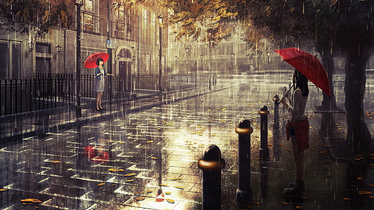 аниме девушки, произведение искусства, дождь, HD обои