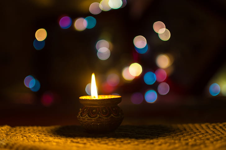 diwali, lamp, blurred, candles, lights, HD wallpaper