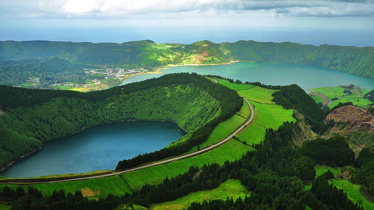 naturaleza, paisaje, lago, Portugal, carretera, verde, árboles, nubes, Azores, isla de Sao Miguel, Fondo de pantalla HD