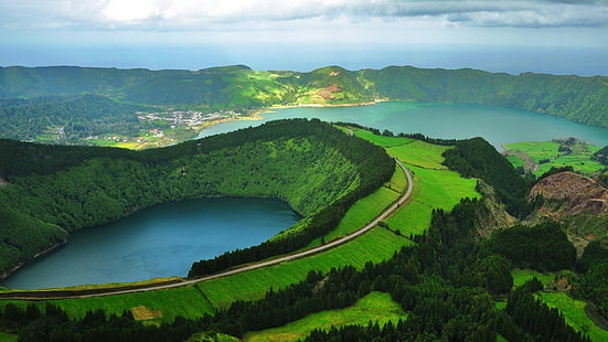 природа, пейзаж, озеро, Португалия, дорога, зеленые, деревья, облака, Азорские острова, остров Сан-Мигель, HD обои HD wallpaper