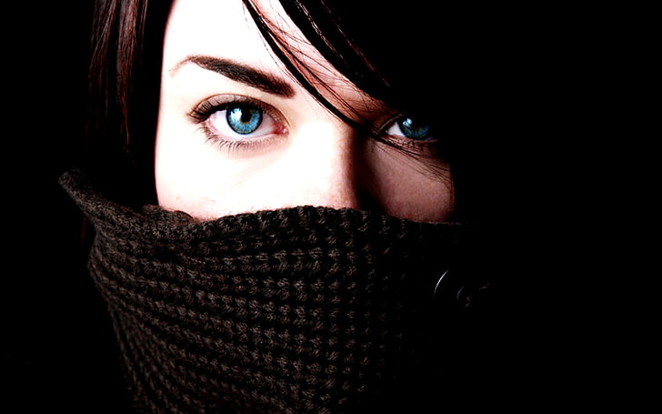 women, blue eyes, eyes, brunette, scarf, HD wallpaper