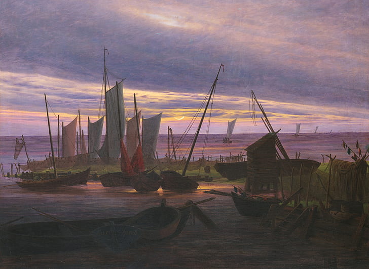 photo, voile, paysage marin, Caspar David Friedrich, bateaux dans le port le soir, Fond d'écran HD