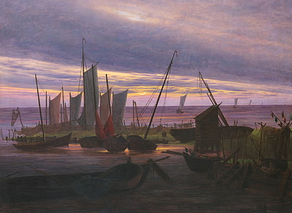 картина, парус, морской пейзаж, Каспар Давид Фридрих, Лодки в гавани вечером, HD обои HD wallpaper