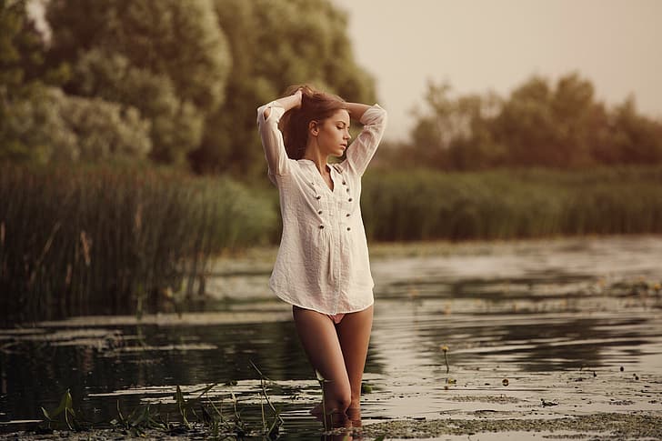 grass, water, girl, trees, pose, the reeds, hair, legs, Kseniya Kokoreva, Yuri Yegorov, HD wallpaper