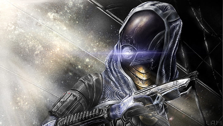 black and grey robot illustration, girl, cracked, gun, helmet, Tali Zorah, Mass Effect, HD wallpaper