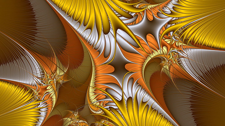 oeuvre de plume jaune, blanche et orange, ligne, modèle, couleur, fractal, chaos, Fond d'écran HD