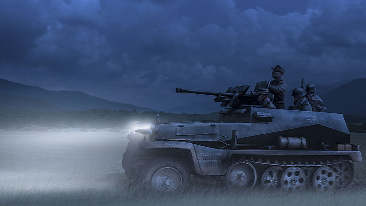 илюстрация на сив танк, Втората световна война, немска армия, половин писта, дигитално изкуство, превозно средство, военни, HD тапет