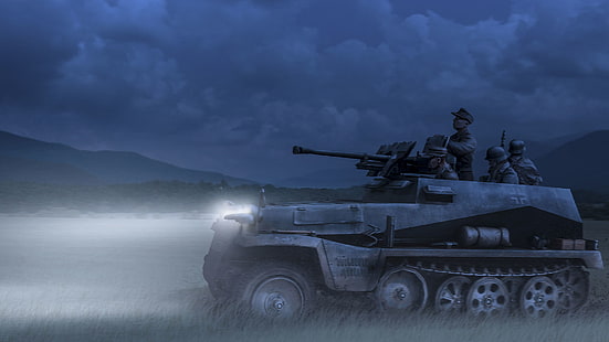 ilustração de tanque cinza, segunda guerra mundial, exército alemão, meia pista, arte digital, veículo, militar, HD papel de parede HD wallpaper