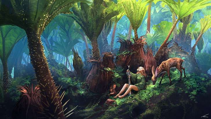 человек, сидящий в лесу возле оленя, рисующий, женщина, сидящая на зеленой траве рядом с коричневым животным, анимированная иллюстрация, воин, фэнтези-арт, лес, цветы, олень, меч, сапоги, взгляд, зеленая одежда, листья, Гуннера, Томас Чемберлен - Кин, HD обои