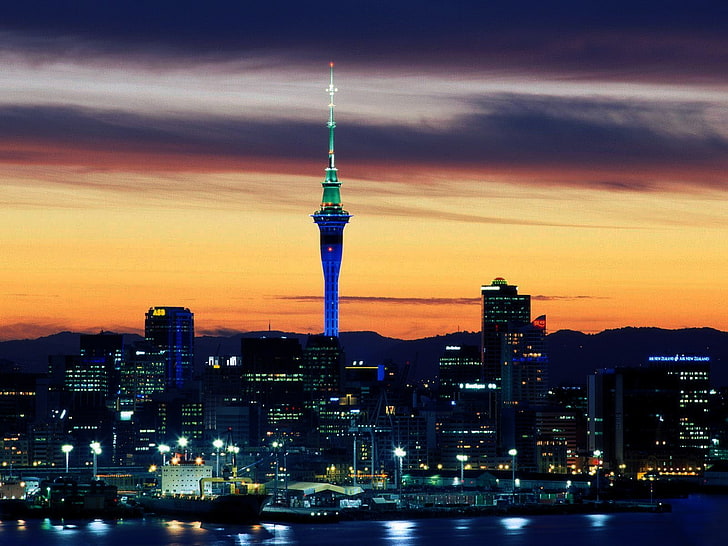 kota, lampu, menara, cakrawala, lanskap kota, Auckland, Selandia Baru, Wallpaper HD