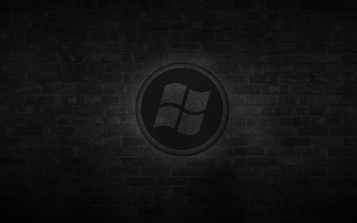 Windows логотип, стена, черный, круглый, кирпич, логотип, окна, темный фон, HD обои