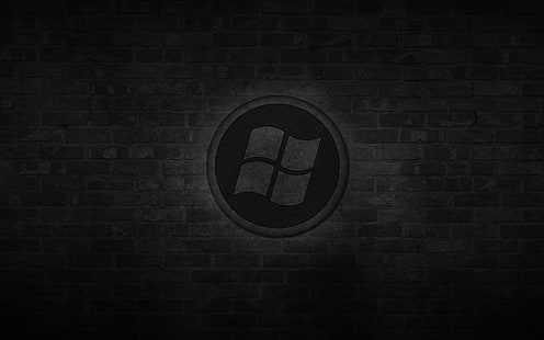 Лого на Windows, стена, черно, кръгло, тухла, лого, прозорци, тъмен фон, HD тапет HD wallpaper