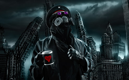 Romantiskt apokalyptisk kapten, kopp, hjärta, en gasmask, apokalyps, förstörelse, HD tapet HD wallpaper