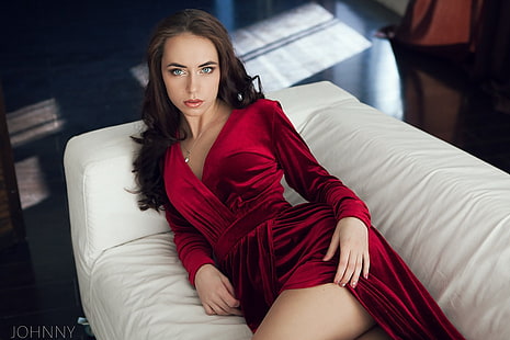 woman wearing red velvet v-neck dress laying on white sofa, women, red dress, couch, portrait, lying down, brunette, long hair, model, HD wallpaper HD wallpaper