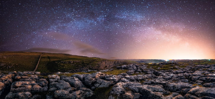 landscape photography of hills, Malham Cove, Milky Way, Pano, landscape photography, hills, yorkshire, limestone, Stars, nights, sky, ngc, england, starscape, night, dark  light, light pollution, colour, panoramic, long exposure, nikon, star - Space, astronomy, galaxy, nature, space, constellation, nebula, planet - Space, landscape, mountain, HD wallpaper