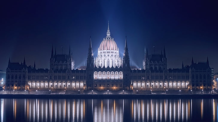 architecture, Budapest, building, city, Cityscape, Europe, Hungarian Parliament Building, Hungary, Lights, night, Old Building, reflection, river, water, HD wallpaper