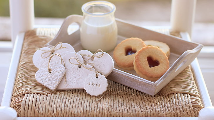 milk, heart, cookies, love, breakfast, sweets, HD wallpaper