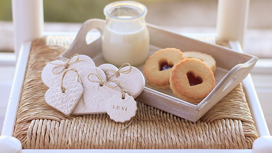 ミルク、ハート、クッキー、愛、朝食、お菓子、 HDデスクトップの壁紙 HD wallpaper