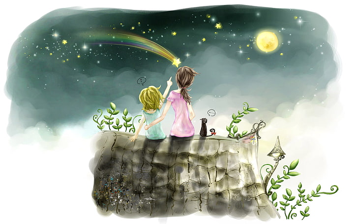 เด็กผู้หญิงและเด็กนั่งอยู่ระหว่างภาพประกอบพืช, เด็ก, รูปวาด, เด็กผู้หญิง, ดวงดาว, ท้องฟ้า, วอลล์เปเปอร์ HD