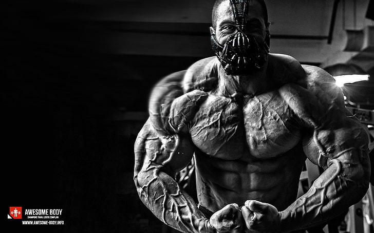 man's face, working out, bodybuilding, Bodybuilder, muscles, monochrome, Bane, HD wallpaper