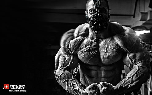 man's face, working out, bodybuilding, Bodybuilder, muscles, monochrome, Bane, HD wallpaper HD wallpaper
