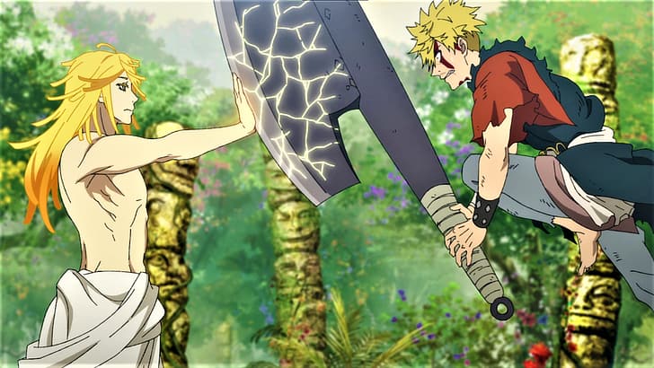 Aza Chobei, Hell's Paradise: Jigokuraku, blonde, nature, trees, flowers, battle axe, weapon, fighting, anime, Anime screenshot, anime boys, HD wallpaper