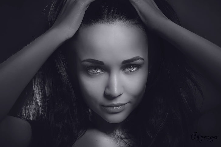 Angelina Petrova, women, face, hands on head, portrait, smiling, model, HD wallpaper
